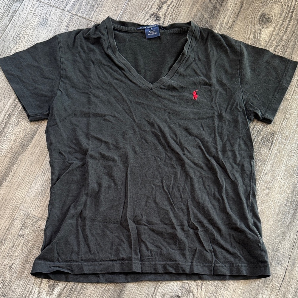 ✨ Ralph Lauren Sport Classic Black V-Neck Tee – Red Logo ✨ Size S everyday wear